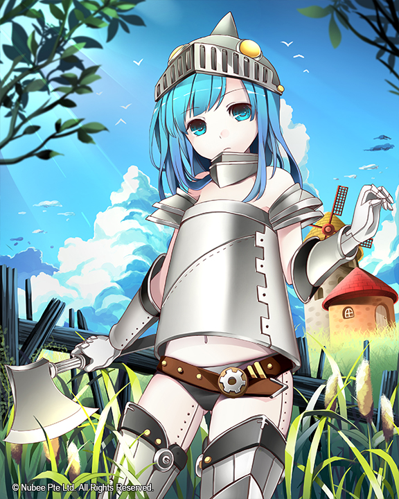 1girl armor axe blue_eyes blue_hair genderswap grass long_hair looking_at_viewer outdoors personification sky solo the_wizard_of_oz tin_(wsp85205) tin_man tin_woodsman weapon windmill