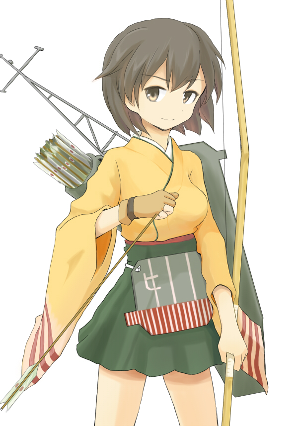1girl archery arka arrow blush breasts brown_eyes brown_hair flight_deck hiryuu_(kantai_collection) japanese_clothes kantai_collection kyuudou muneate personification quiver short_hair side_ponytail single_glove skirt smile solo yugake
