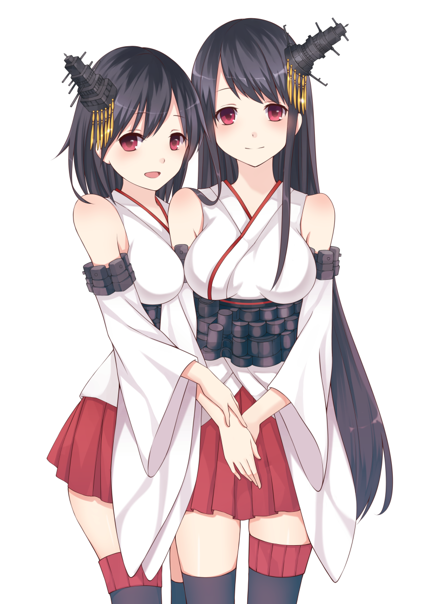 2girls black_hair fusou_(kantai_collection) hair_ornament he92 headgear highres hug japanese_clothes kantai_collection looking_at_viewer multiple_girls open_mouth personification red_eyes siblings sisters smile thighhighs wide_sleeves yamashiro_(kantai_collection)