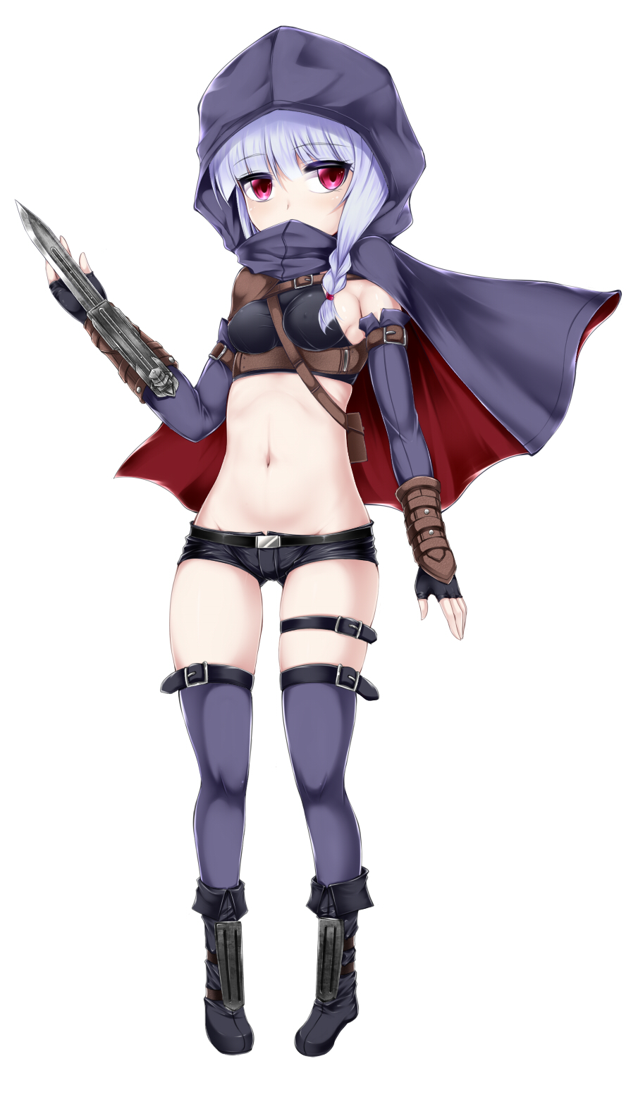 1girl bare_shoulders bikini_top blue_hair boots braid cape covering_mouth eiyuu_chronicle elbow_gloves fingerless_gloves gloves highres hood looking_at_viewer midriff navel original red_eyes shimo_(depthbomb) short_shorts shorts solo thigh-highs thigh_strap