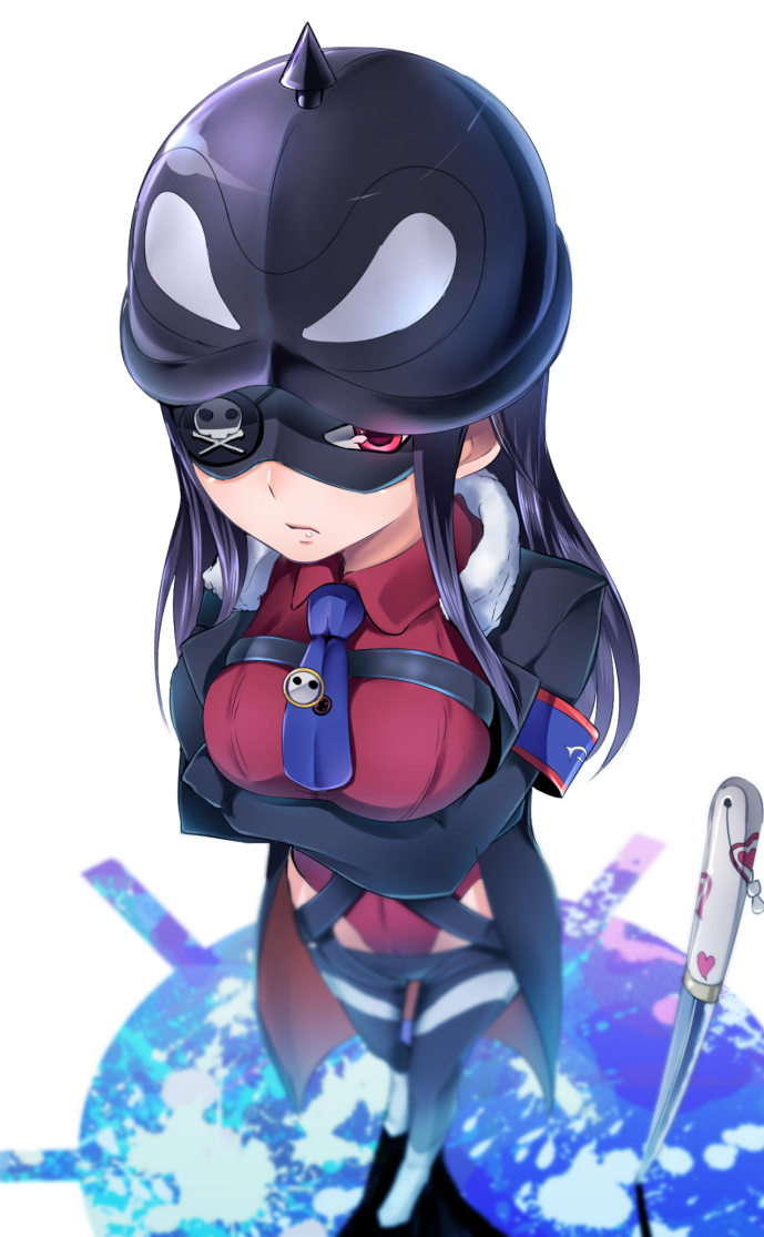 1girl armband belt black_hair coat crossed_arms eyepatch from_above fur_trim gloves helmet highleg highleg_leotard leotard long_hair lowleg lowleg_pants mask pants plamja-sama red_eyes sekai_seifuku:_bouryaku_no_zvezda shikabane_itsuka solo suitenjh sword weapon