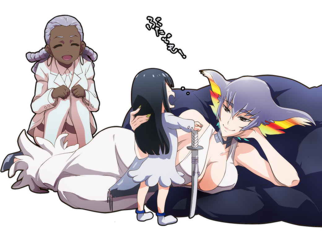 71 breasts character_request cleavage dark_skin hairlocs kill_la_kill kiryuuin_ragyou kiryuuin_satsuki lying multicolored_hair multiple_girls smile sword translation_request weapon young