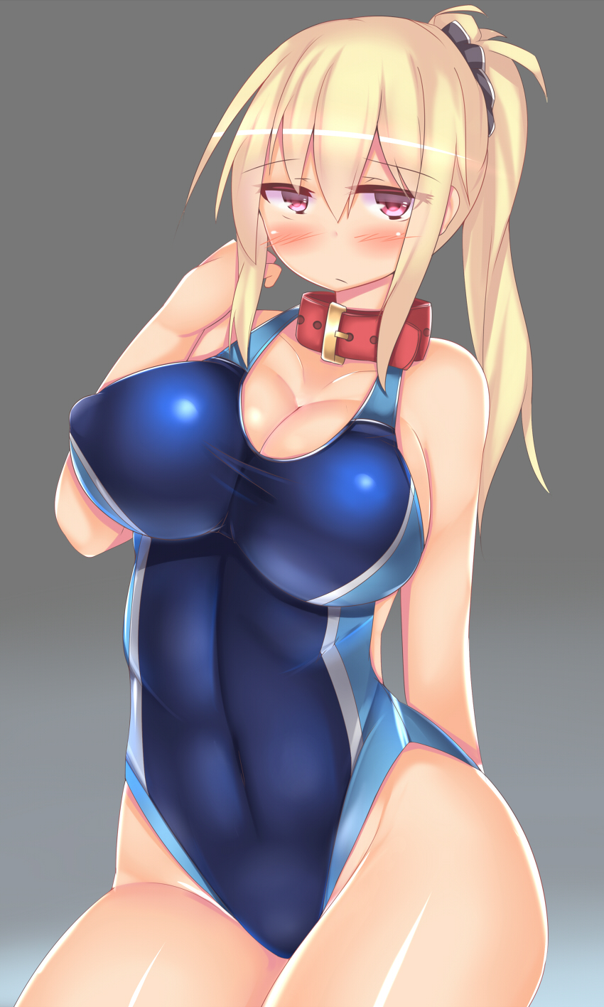 1girl blonde_hair breasts collar competition_swimsuit dog_collar highres kutan large_breasts long_hair one-piece_swimsuit original ponytail red_eyes swimsuit