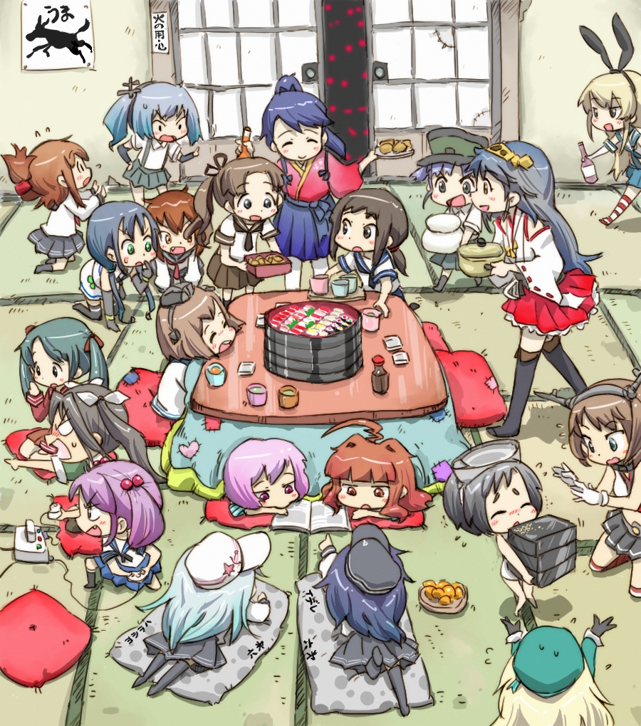 6+girls ahoge akatsuki_(kantai_collection) atago_(kantai_collection) ayanami_(kantai_collection) black_eyes black_hair blonde_hair blue_eyes blue_hair book brown_eyes brown_hair closed_eyes controller cushion detached_sleeves elbow_gloves fang fubuki_(kantai_collection) game_console game_controller gloves glowing glowing_eyes goggles green_eyes hair_bobbles hair_ornament hair_ribbon hairband half_updo haruna_(kantai_collection) hat headgear hibiki_(kantai_collection) houshou_(kantai_collection) ikazuchi_(kantai_collection) inazuma_(kantai_collection) japanese_clothes kagami_mochi kantai_collection kasumi_(kantai_collection) kotatsu kuma_(kantai_collection) lunchbox lying maru-yu_(kantai_collection) mikuma_(kantai_collection) multiple_girls mutsu_(kantai_collection) nontraditional_miko ohyo ooshio_(kantai_collection) open_mouth pantyhose personification pink_hair pointing ponytail pot purple_hair reading red_eyes ribbon sazanami_(kantai_collection) shimakaze_(kantai_collection) smile socks striped striped_legwear sushi suzukaze_(kantai_collection) sweatdrop table tama_(kantai_collection) thigh-highs tone_(kantai_collection) twintails verniy_(kantai_collection) violet_eyes wide_sleeves yellow_eyes yukikaze_(kantai_collection)