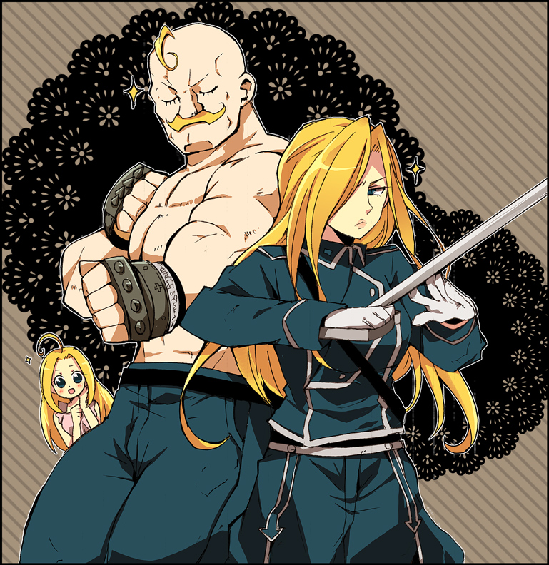 1boy 2girls ahoge alex_louis_armstrong blonde_hair blue_eyes brother_and_sister catherine_elle_armstrong closed_eyes eyelashes facial_hair fullmetal_alchemist gloves hair_over_one_eye military military_uniform multiple_girls mustache olivier_mira_armstrong open_mouth siblings sparkle sword uniform urakata_hajime weapon
