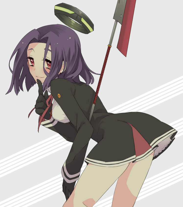 1girl bent_over gloves halberd inoue_mikuni kantai_collection looking_at_viewer mechanical_halo personification polearm purple_hair red_eyes short_hair solo tatsuta_(kantai_collection) weapon