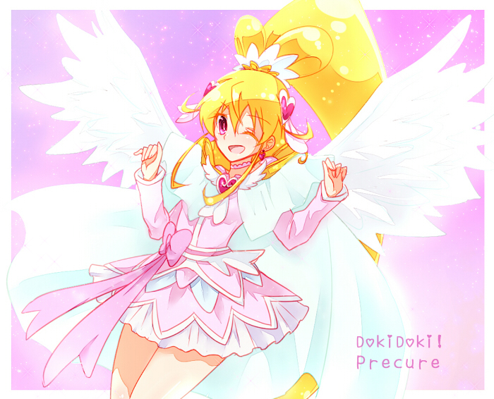 1girl ;d aida_mana blonde_hair bow cape choker copyright_name cure_heart cure_heart_parthenon_mode curly_hair dokidoki!_precure hagihara_riku hair_ornament half_updo heart_hair_ornament long_hair magical_girl open_mouth pink_background pink_eyes precure ribbon skirt smile solo wings wink