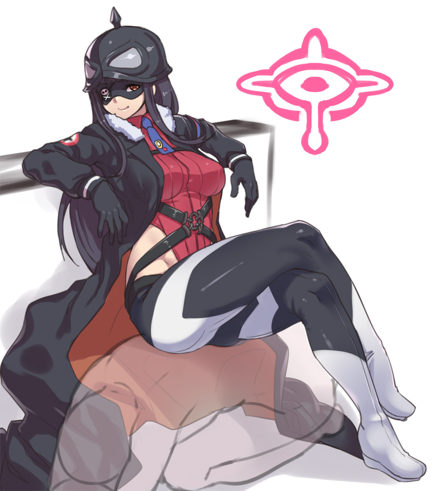 1girl black_gloves black_hair breasts crossed_legs eyepatch fur_trim gloves helmet highleg highleg_leotard houtengeki large_breasts leotard long_hair looking_at_viewer lowleg lowleg_pants mask necktie pants plamja-sama red_eyes sekai_seifuku:_bouryaku_no_zvezda shikabane_itsuka sitting smile solo