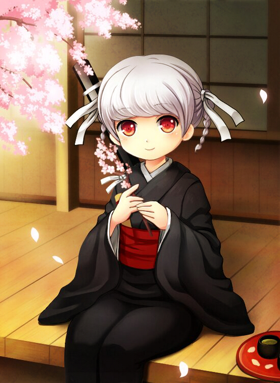 1girl artist_request braid cherry_blossoms cherry_trees dangan_ronpa hair_ribbon japanese_clothes kimono obi pekoyama_peko petals red_eyes ribbon sitting smile solo super_dangan_ronpa_2 sword tea twin_braids weapon white_hair young