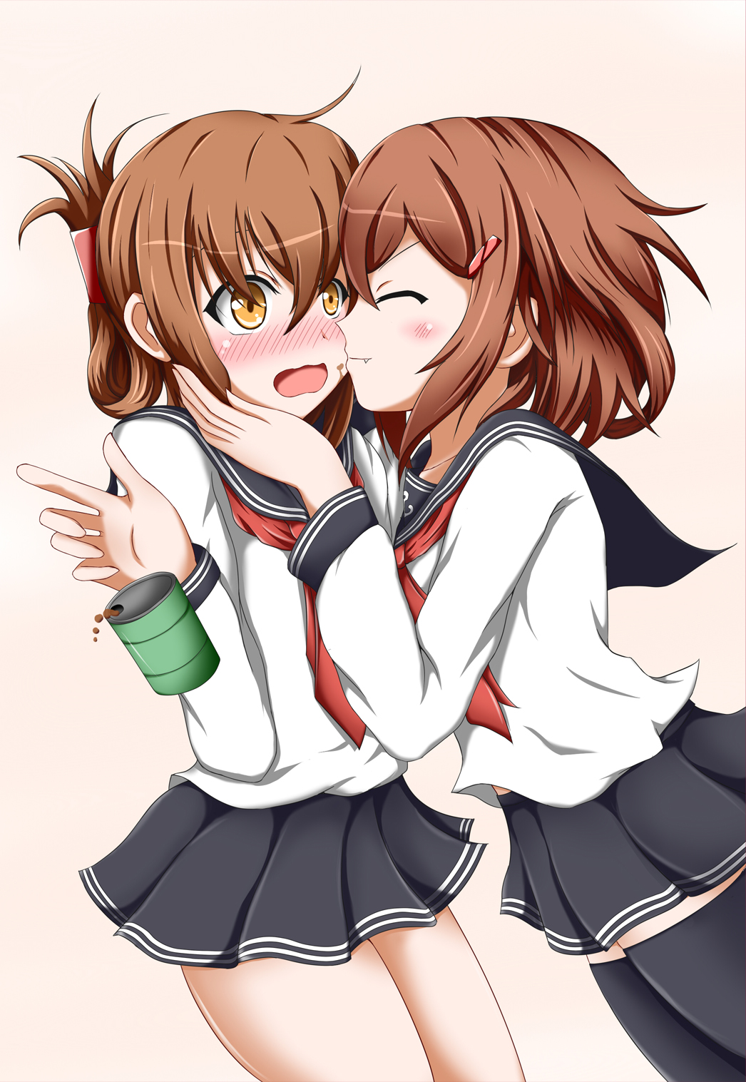 2girls black_legwear brown_eyes brown_hair closed_eyes drum_(container) fang folded_ponytail hair_ornament hairclip highres ikazuchi_(kantai_collection) inazuma_(kantai_collection) ion_(artist) kantai_collection multiple_girls oil open_mouth personification school_uniform serafuku short_hair skirt smile thigh-highs
