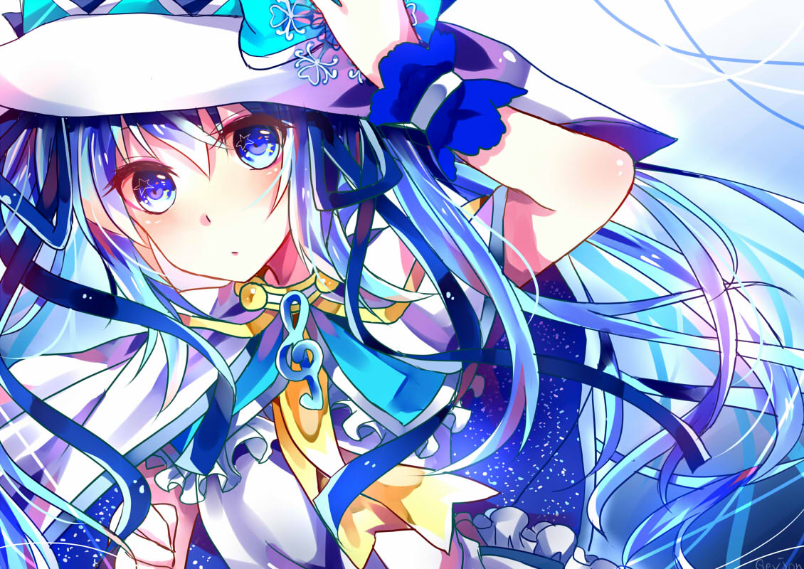 1girl blue_eyes blue_hair gevjon hat hatsune_miku long_hair magical_girl solo vocaloid yuki_miku