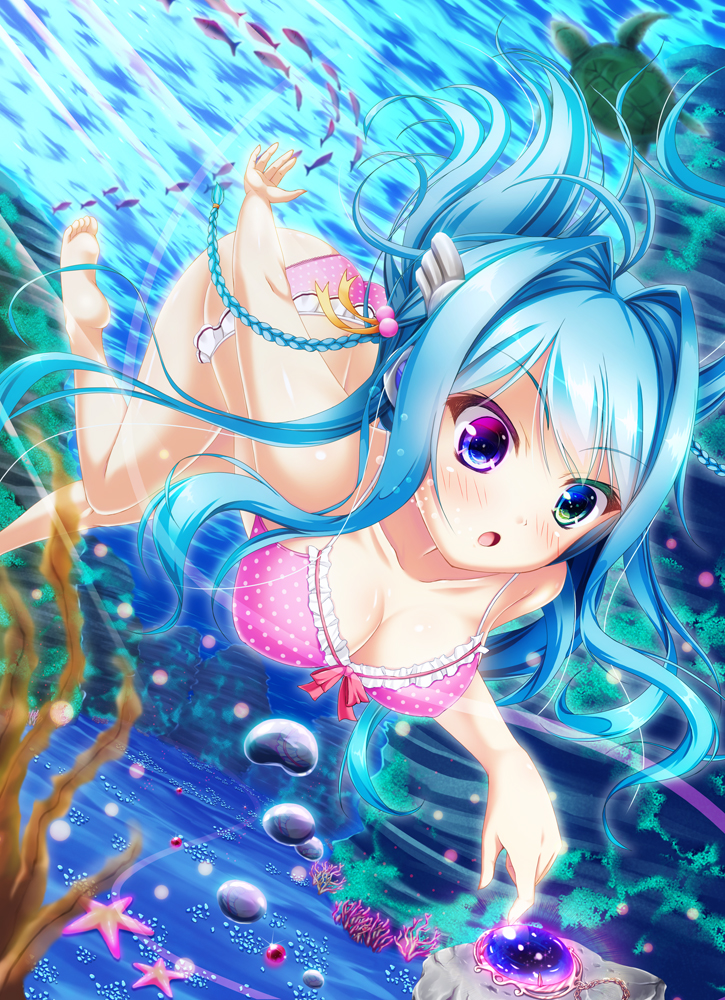 1girl barefoot bikini blue_eyes blue_hair breasts bubble cleavage fish hiro_(725611) long_hair ocean original solo swimming swimsuit underwater water