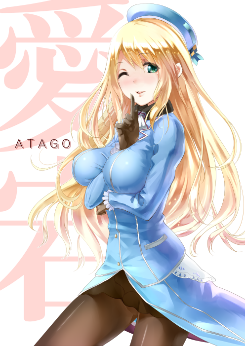 1girl atago_(kantai_collection) beret between_breasts black_gloves black_legwear blonde_hair blush breasts character_name gloves green_eyes hat kantai_collection large_breasts lips long_hair military military_jacket military_uniform open_mouth pantyhose personification skirt smile solo spiralray uniform