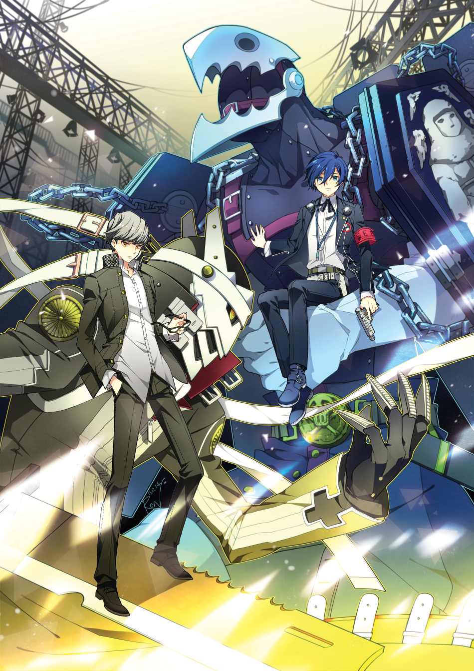 arisato_minato armband blue_eyes blue_hair chain digital_media_player evoker grey_hair gun headphones highres izanagi male narukami_yuu persona persona_3 persona_4 ron_(lovechro) school_uniform short_hair thanatos weapon yuuki_makoto