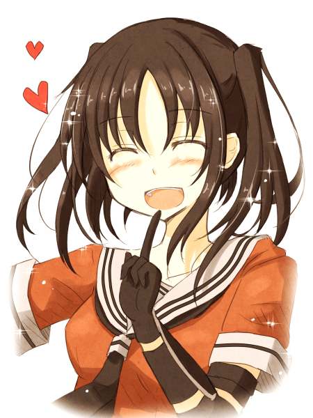 1girl ^_^ blush brown_hair bust closed_eyes elbow_gloves gloves heart kantai_collection mashayuki open_mouth pointing pointing_up sendai_(kantai_collection) smile solo twintails