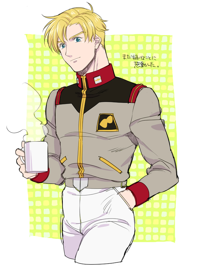 1boy ar_(rikuesuto) blonde_hair blue_eyes cup gundam gundam_unicorn military military_uniform mug riddhe_marcenas solo uniform