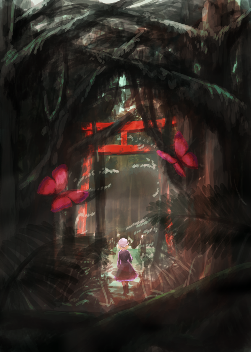 1girl blonde_hair boots butterfly commentary_request dress fern forest from_behind maribel_hearn mob_cap nature p!_(flaschenstrahlinge) purple_dress short_hair solo torii touhou trojan_green_asteroid