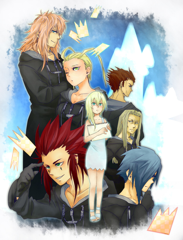 2girls 5boys antenna_hair axel blonde_hair blue_hair brown_hair cloak facial_hair gloves green_eyes hair_over_one_eye kingdom_hearts kingdom_hearts_chain_of_memories larxene lexaeus long_hair marluxia multiple_boys multiple_girls namine pink_hair redhead sandals ssmell vexen wink zexion