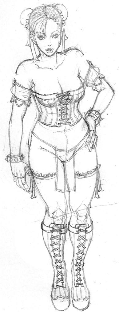 1girl alternate_costume bare_shoulders boots bracelet breasts bun_cover chun-li cleavage corset cross-laced_footwear double_bun full_body graphite_(medium) hand_on_hip jewelry knee_boots lace-up_boots lm_(legoman) loincloth sketch solo spiked_bracelet spikes street_fighter thigh-highs traditional_media