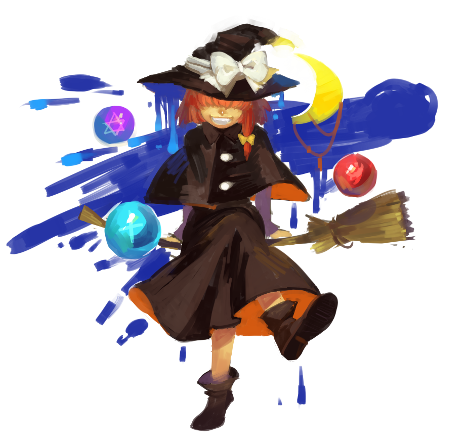 1girl black_boots black_dress boots bow broom capelet crescent_moon crossed_legs dress faux_traditional_media full_body hair_over_eyes hat hat_bow kirisame_marisa kirisame_marisa_(pc-98) moon saiko67 short_hair touhou touhou_(pc-98) witch witch_hat