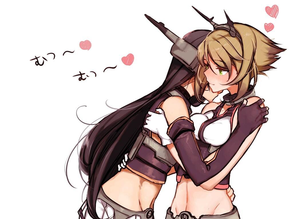 2girls bare_shoulders black_hair breasts brown_hair d11 elbow_gloves gloves green_eyes hairband headgear hug kantai_collection long_hair multiple_girls mutsu_(kantai_collection) nagato_(kantai_collection) personification short_hair smile translation_request yuri
