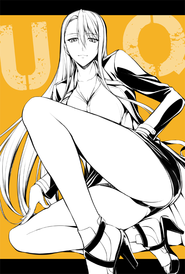 1girl breasts cleavage copyright_name evangeline_a_k_mcdowell evangeline_a_k_mcdowell_(adult) high_heels ishigaki_takashi jacket long_hair long_sleeves monochrome older one_knee panties partially_colored solo underwear uq_holder! yellow_background