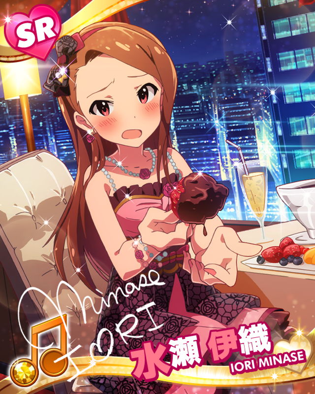 1girl alcohol blush bracelet brown_eyes brown_hair champagne character_name chocolate chocolate_covered city city_lights cityscape d: dress earrings food fruit headband idolmaster idolmaster_million_live! jewelry long_hair minase_iori musical_note necklace open_mouth signature strawberry