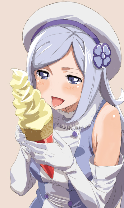 1girl aila_jyrkiainen bare_shoulders blue_eyes blush breasts elbow_gloves food gloves gundam gundam_build_fighters hat ice_cream long_hair open_mouth silver_hair smile solo tetsujin_momoko tongue