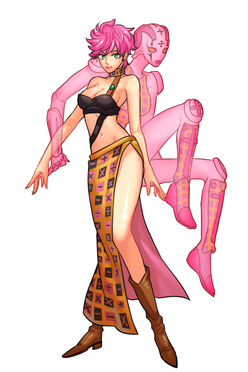 2girls breasts cleavage green_eyes highres jojo_no_kimyou_na_bouken midriff miniskirt multiple_girls pink_hair short_hair side_slit sin11111 skirt spice_girl_(stand) stand_(jojo) trish_una