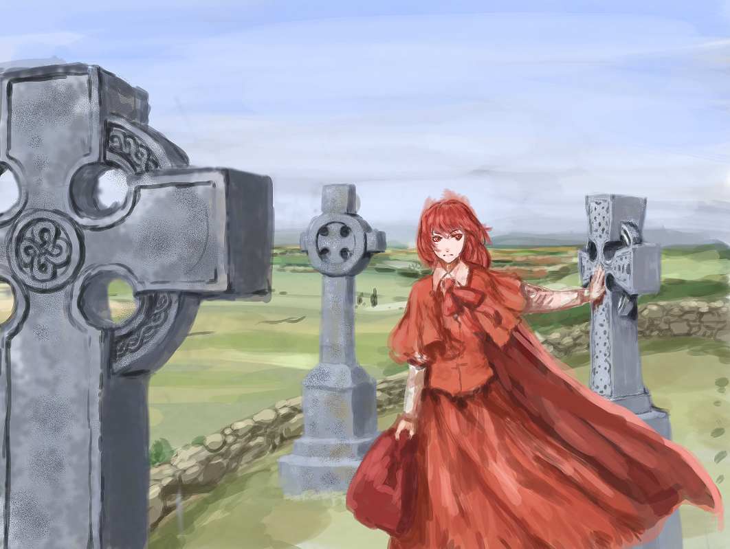 1girl blue_sky capelet celtic_cross clouds faux_traditional_media frown hand_rest landscape long_sleeves okazaki_yumemi outdoors outstretched_arm p!_(flaschenstrahlinge) red_eyes redhead short_hair side_glance skirt skirt_set sky solo touhou touhou_(pc-98) wall