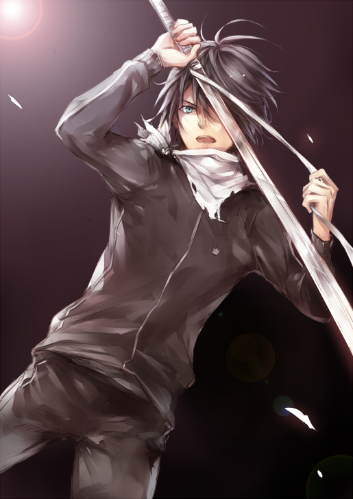 1boy black_background black_hair blue_eyes noragami one_eye_covered scarf short_hair solo sunlight sword track_suit weapon yato_(noragami) zaphylla