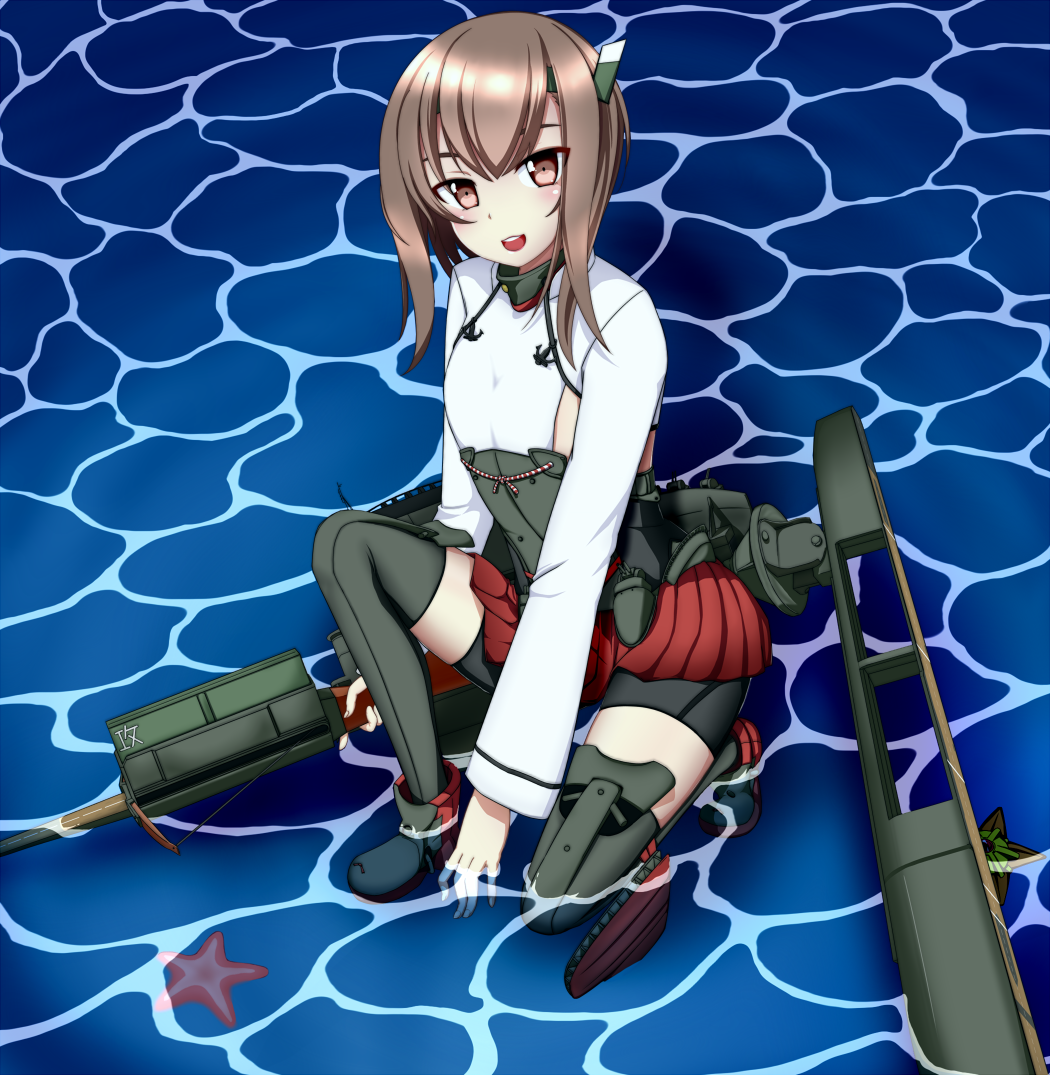 1girl bike_shorts blush bow_(weapon) brown_eyes brown_hair crossbow flat_chest headband headgear kantai_collection looking_at_viewer open_mouth personification pleated_skirt short_hair skirt smile solo squatting starfish taihou_(kantai_collection) thighhighs water weapon