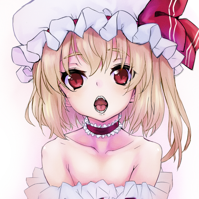 1girl bare_shoulders blonde_hair bust choker collarbone flandre_scarlet hat hotori_(sion) long_hair looking_at_viewer open_mouth red_eyes side_ponytail solo