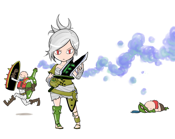 1girl 2boys bandages bottle broken broken_sword broken_weapon chibi face_down geppon gloves goggles hat league_of_legends looking_at_viewer lying multiple_boys poison red_eyes riven_(league_of_legends) running shield silver_hair singed sword teemo weapon yordle