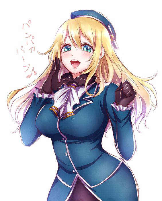 1girl atago_(kantai_collection) beret black_gloves black_hair blue_eyes breasts bust gloves hat kantai_collection kuzushima long_hair looking_at_viewer personification solo translation_request