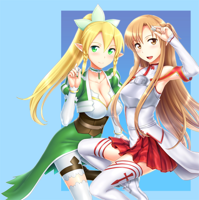 2girls armpits asuna_(sao) bare_shoulders blonde_hair blush board_game boots bracelet braid breastplate breasts brown_eyes brown_hair choker cleavage detached_sleeves elf green_eyes jewelry juliet_sleeves large_breasts leafa long_hair long_sleeves mahjong mahjong_tile multiple_girls pointy_ears ponytail puffy_sleeves shorts skirt smile st.germain-sal sword_art_online thighhighs twin_braids yuuki_asuna