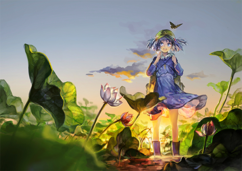 1girl backpack bag biiji blue_eyes blue_hair butterfly duplicate flower hair_bobbles hair_ornament hat kawashiro_nitori key nature open_mouth short_hair smile solo touhou twintails
