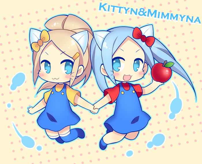 2girls :3 animal_ears apple blonde_hair blue_dress blue_eyes blue_hair cat_ears dress food fruit hair_ornament hair_ribbon hairclip hello_kitty holding_hands idun&amp;idunna kaki_s kittyn&amp;mimmyna long_hair looking_at_viewer multiple_girls open_mouth ponytail puzzle_&amp;_dragons ribbon smile whiskers