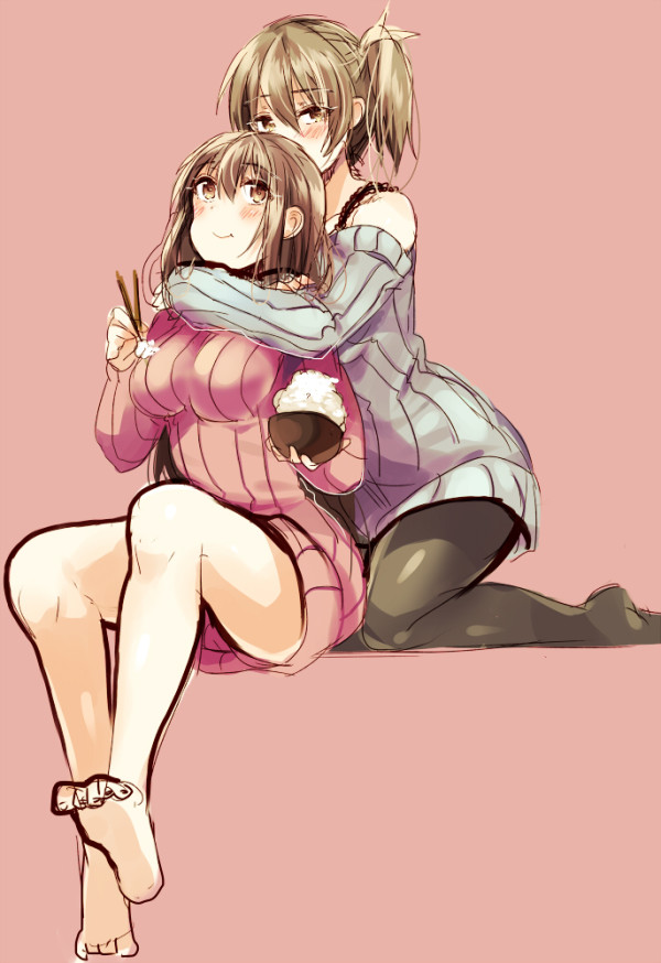 2girls :t aircraft_carrier aircraft_carrier(s) akagi_(kantai_collection) bare_legs bare_shoulders blush bowl chopsticks eating hug hug_from_behind impossible_clothes impossible_sweater kaga_(kantai_collection) kantai_collection long_hair multiple_girls nochita_shin off_shoulder pantyhose personification ribbed_sweater rice rice_bowl side_ponytail smile strap sweater