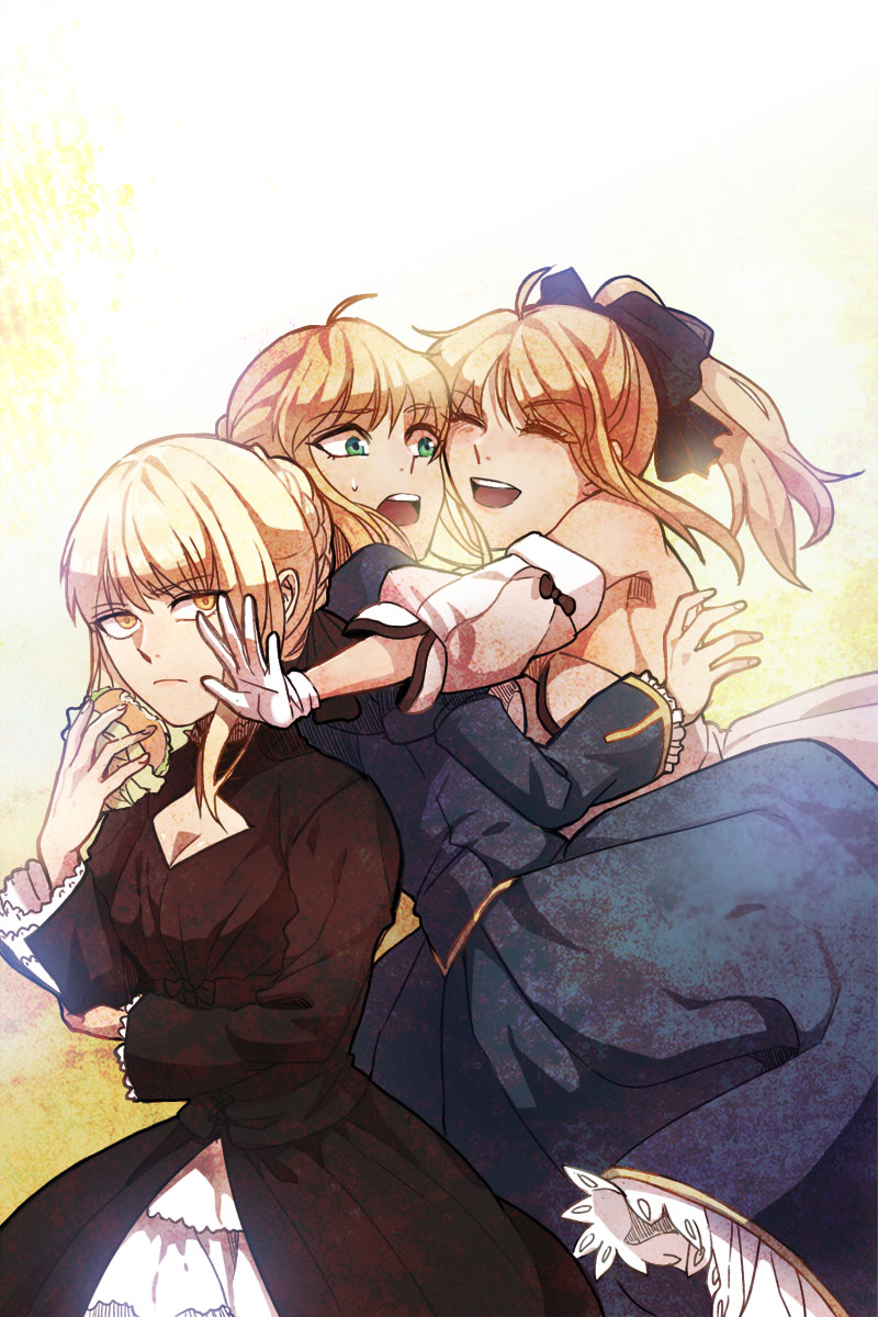 3girls ahoge blonde_hair dress fate/hollow_ataraxia fate/stay_night fate/unlimited_codes fate_(series) food gloves gothic_lolita green_eyes hamburger highres jisue10 lolita_fashion multiple_girls multiple_persona ponytail saber saber_alter saber_lily yellow_eyes