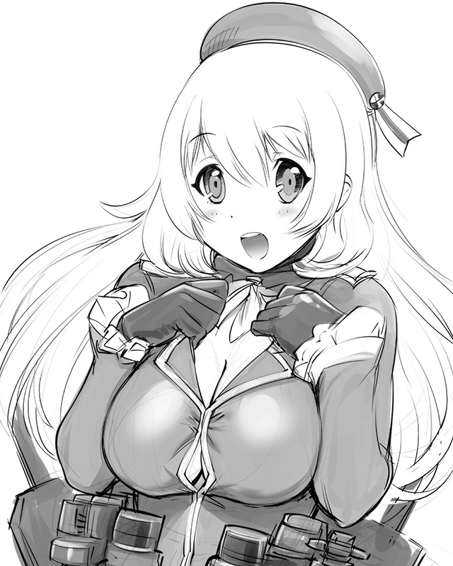 1girl atago_(kantai_collection) beret blush breasts bust cleavage gloves hat kantai_collection large_breasts long_hair monochrome open_mouth smile solo ueyama_michirou