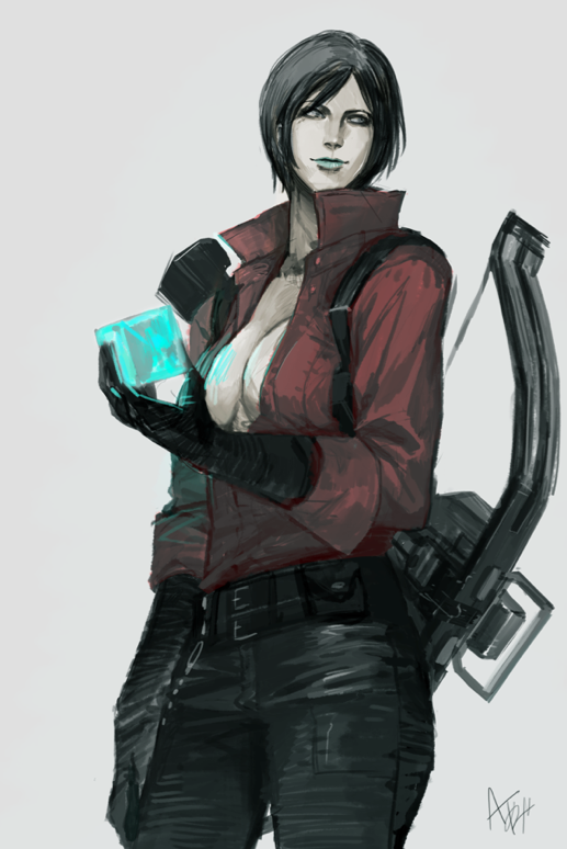 ada_wong ami_thompson black_gloves black_hair blue_lipstick bow_(weapon) breasts cleavage crossbow cube gloves lipstick makeup multiple_belts no_bra pants popped_collar short_hair solo weapon
