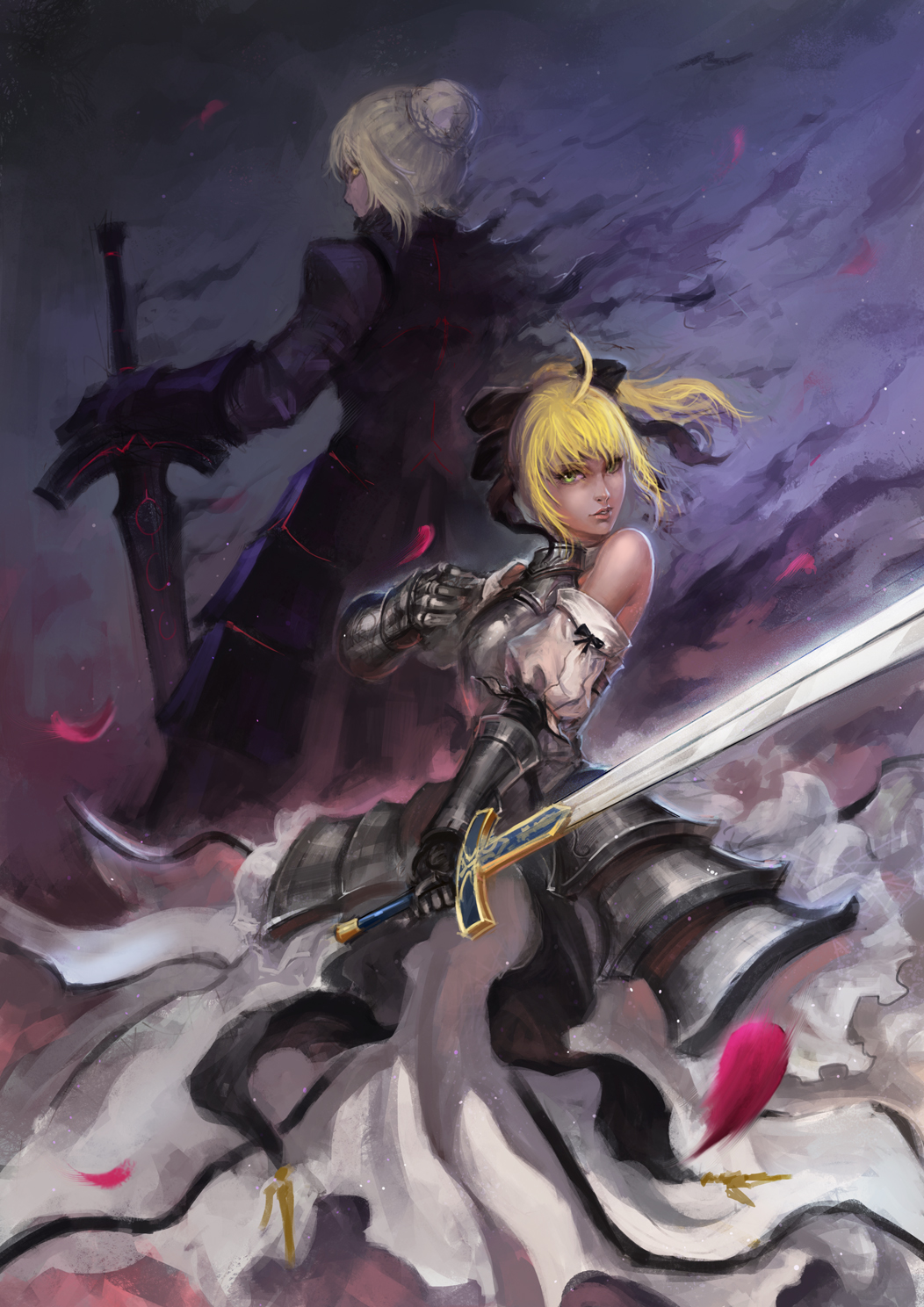 2girls ahoge armor armored_dress bare_shoulders blonde_hair bow caliburn dark_excalibur detached_sleeves dress dual_persona fate/stay_night fate/unlimited_codes fate_(series) gauntlets green_eyes hair_bow highres ling0101 long_hair multiple_girls ponytail saber saber_alter saber_lily sword weapon