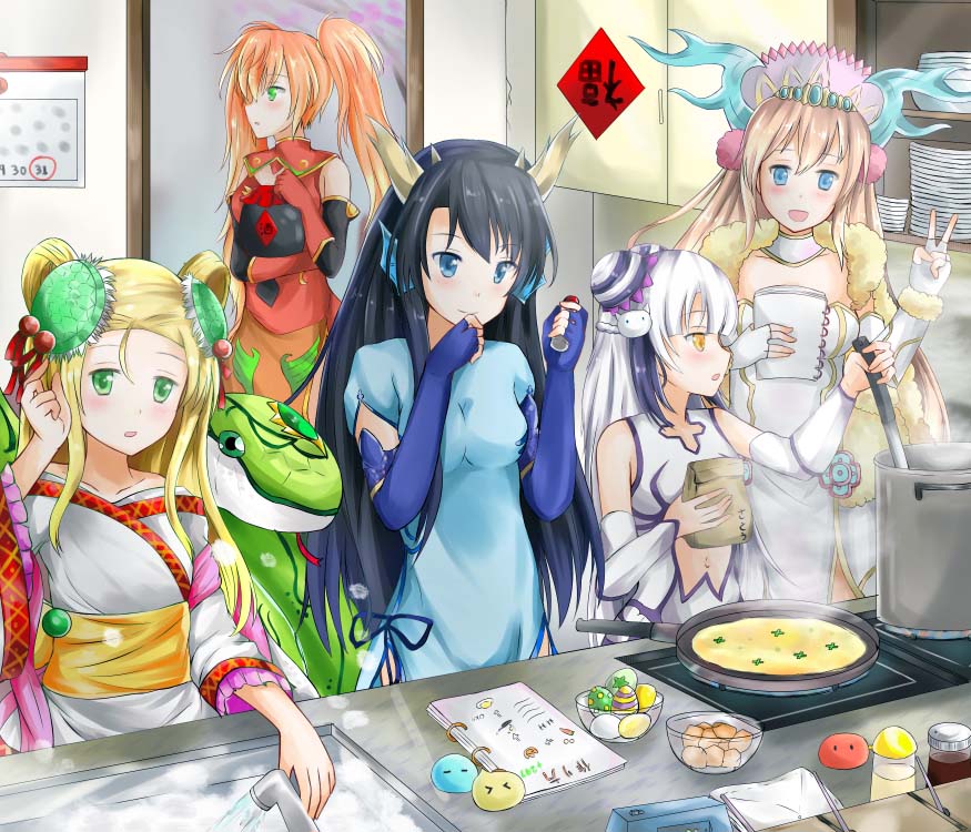 5girls bare_shoulders black_hair blonde_hair blue_eyes bubblie calendar_(object) china_dress chinese_clothes cookie egg elbow_gloves fingerless_gloves flamie food frying_pan gloves green_eyes haku_(p&amp;d) horns karin_(p&amp;d) ladle leiran_(p&amp;d) long_hair meimei_(p&amp;d) multiple_girls notebook open_mouth pot puzzle_&amp;_dragons redhead sakuya_(p&amp;d) shynee silver_hair smile tailam twintails