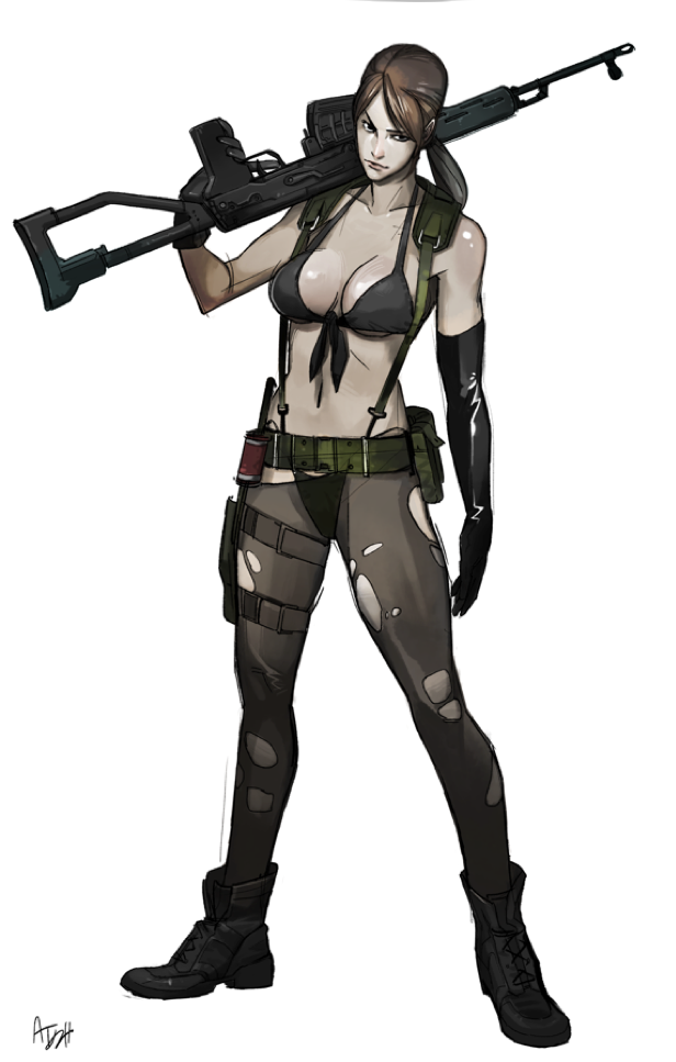 1girl ami_thompson belt bikini breasts brown_hair cleavage combat_boots dragunov_svd explosive front-tie_bikini full_body grenade gun highleg highleg_bikini highleg_swimsuit holster metal_gear_solid metal_gear_solid_v mismatched_gloves over_shoulder pantyhose ponytail quiet_(metal_gear) rifle sniper_rifle solo suspenders swimsuit thigh_holster torn_clothes torn_pantyhose weapon weapon_over_shoulder