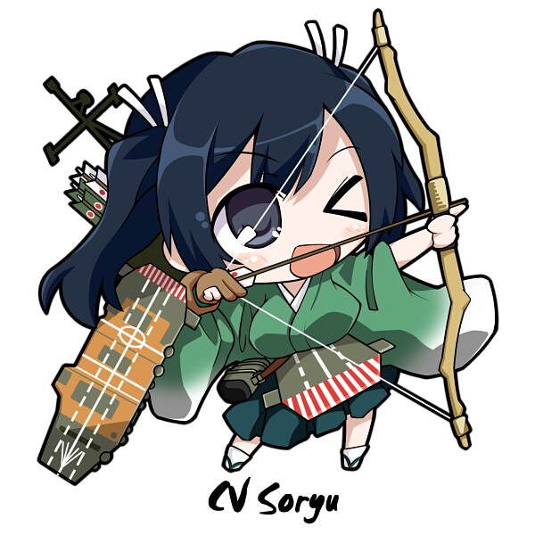 &gt;:d 1girl :d archery arrow black_hair blue_eyes blush bow_(weapon) breasts character_name chibi flight_deck japanese_clothes kantai_collection kyuudou open_mouth personification quiver ribbon short_hair skirt smile solo souryuu_(kantai_collection) take_tonbo twintails weapon yugake