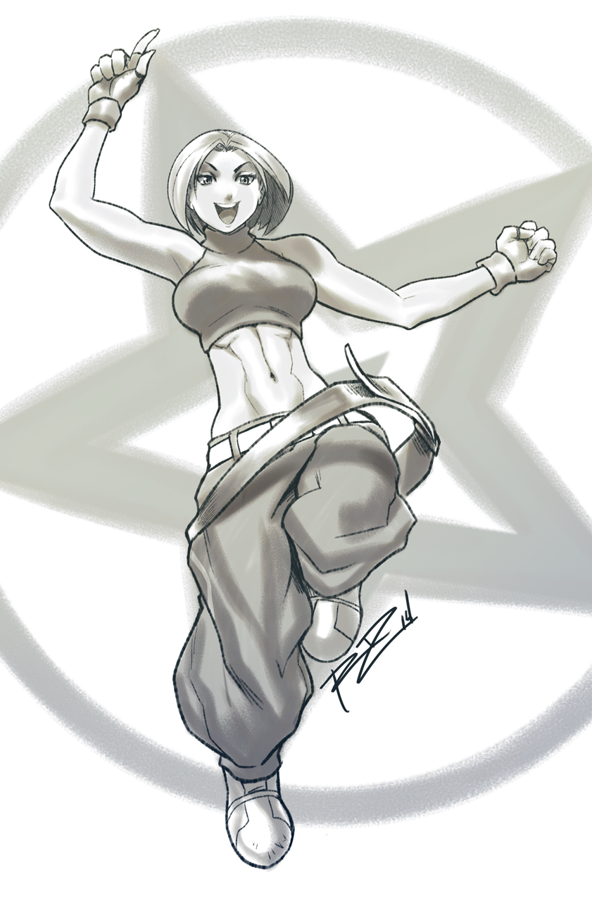1girl abs baggy_pants blue_mary breasts fingerless_gloves gloves halter_top halterneck highres king_of_fighters large_breasts midriff monochrome multiple_belts navel robert_porter short_hair solo toned