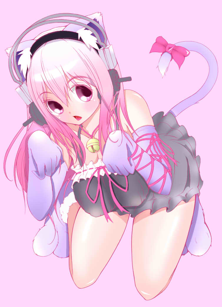 1girl animal_ears bell bell_collar blush breasts cat_ears cat_tail cleavage collar headphones kemonomimi_mode large_breasts long_hair looking_at_viewer nitroplus pink_eyes pink_hair solo super_sonico tail