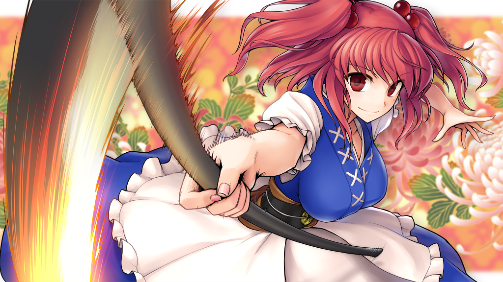 1girl belt breasts coin ebizome flower hair_bobbles hair_ornament large_breasts looking_at_viewer onozuka_komachi puffy_sleeves red_eyes redhead scythe shirt short_sleeves skirt slashing smile solo touhou two_side_up