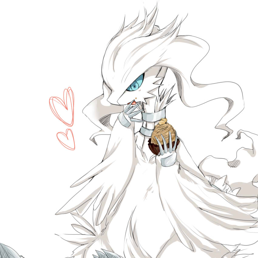 blue_eyes dragon eating food food_on_face heart koyashaka licking_hand no_humans pokemon pokemon_(creature) reshiram simple_background white_background white_hair